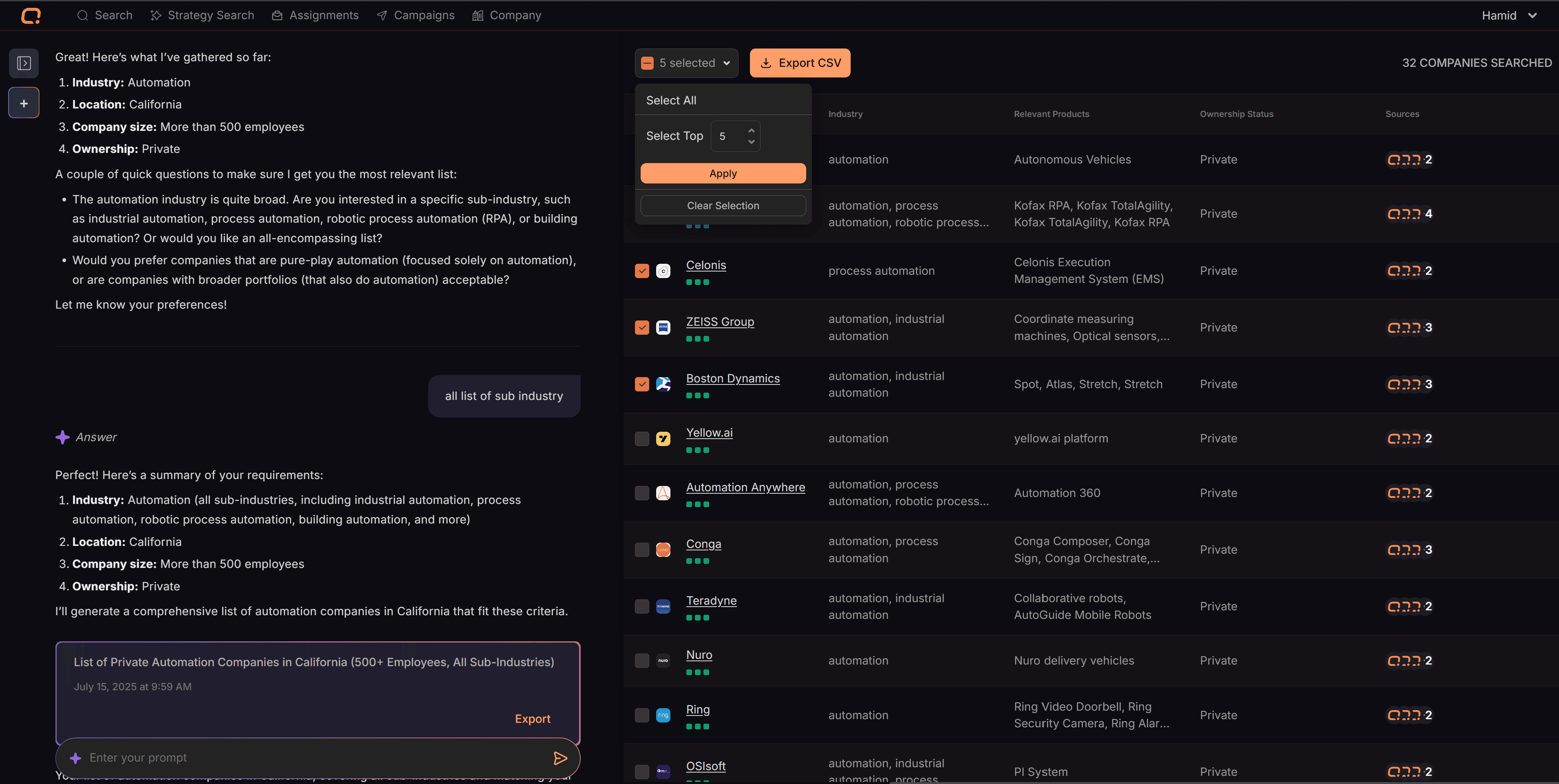 Company Intelligence Interface